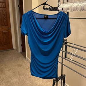 Serena Williams Blue Drape Neck Short Sleeve Ruched top Blouse Size medium